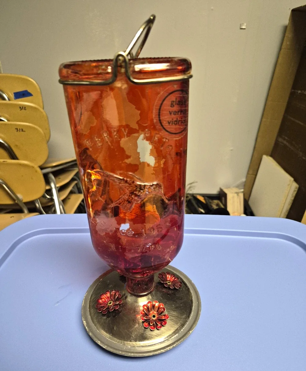AntiquePerky-Pet Red Glass & Metal Hanging Hummingbird Nectar Feeder. Paint Fade